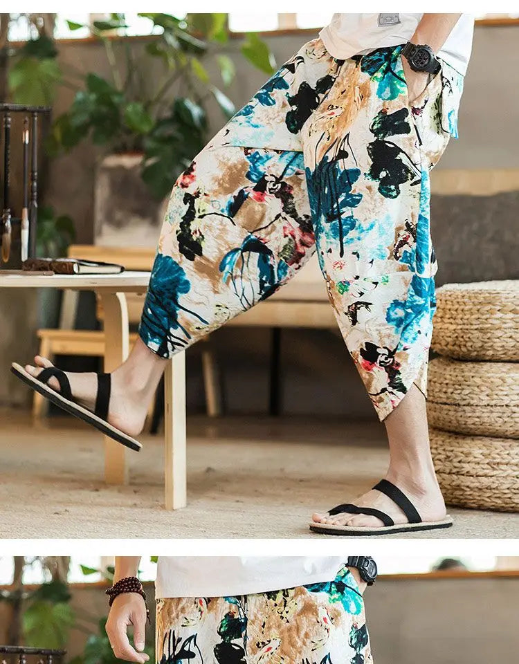 Men's Casual Cotton Linen Seven-Foot Pants Summer plus Size Lantern Loose Fit Shorts Harlan Style Comfortable Breathable Leis...