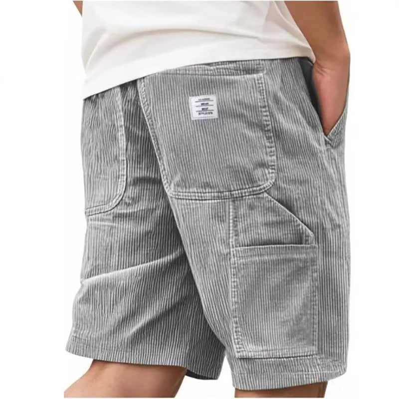 Men's Workwear Shorts Summer Casual Corduroy Loose Elastic Waist Multi-Pocket Leisure Pants Embroidery Retro Style Male Trousers