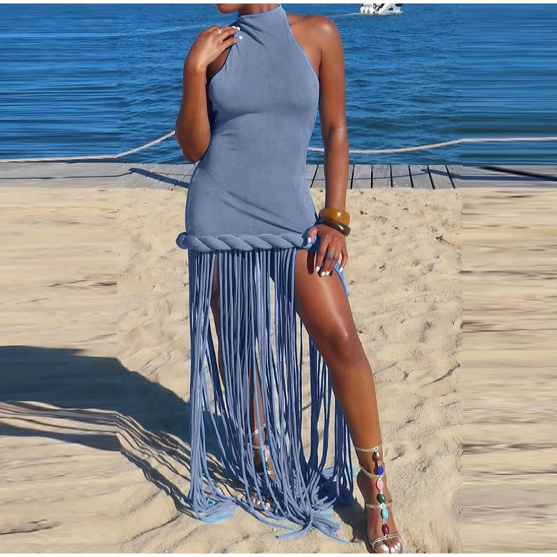 Women Solid Braided Trim Cutout Maxi Dress Sleeveless High Slit Bodycon Fit Gown 2026 Summer Elegant Evening Formal Party Outfit