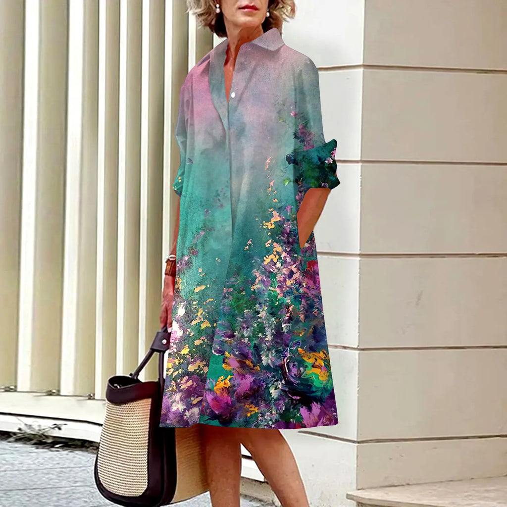Spring and Summer Women's Dresses Fashion Lapel Printed Long Sleeve Shirt Street Shooting High Temperament New Traveling Gowns