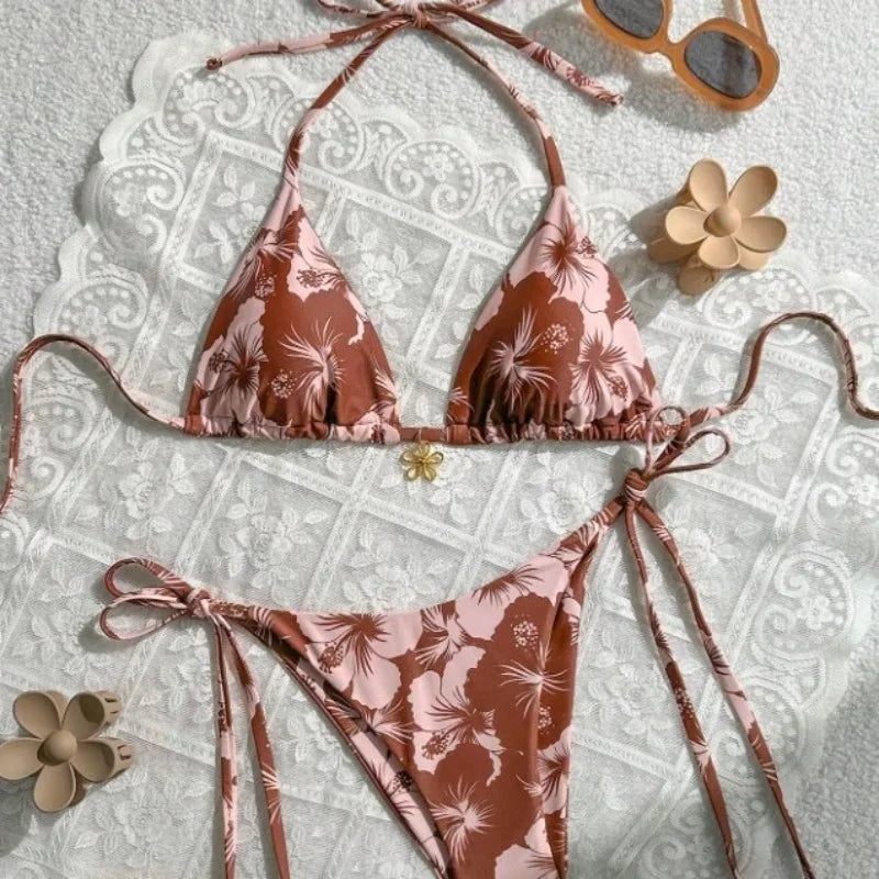 Bikini Women's Summer Slimming Concealing Casual Floral Durable High Elasticity Vacation Style Swimming Sports Split Swimsuit