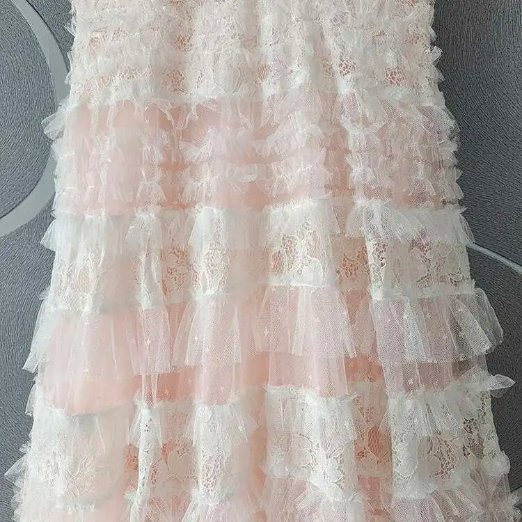 Eshin Elegant Midi Dress Short Sleeve Summer Spring New Fashion Design Women Runway Mesh Ruffles V-Neck Party High Street TH6731