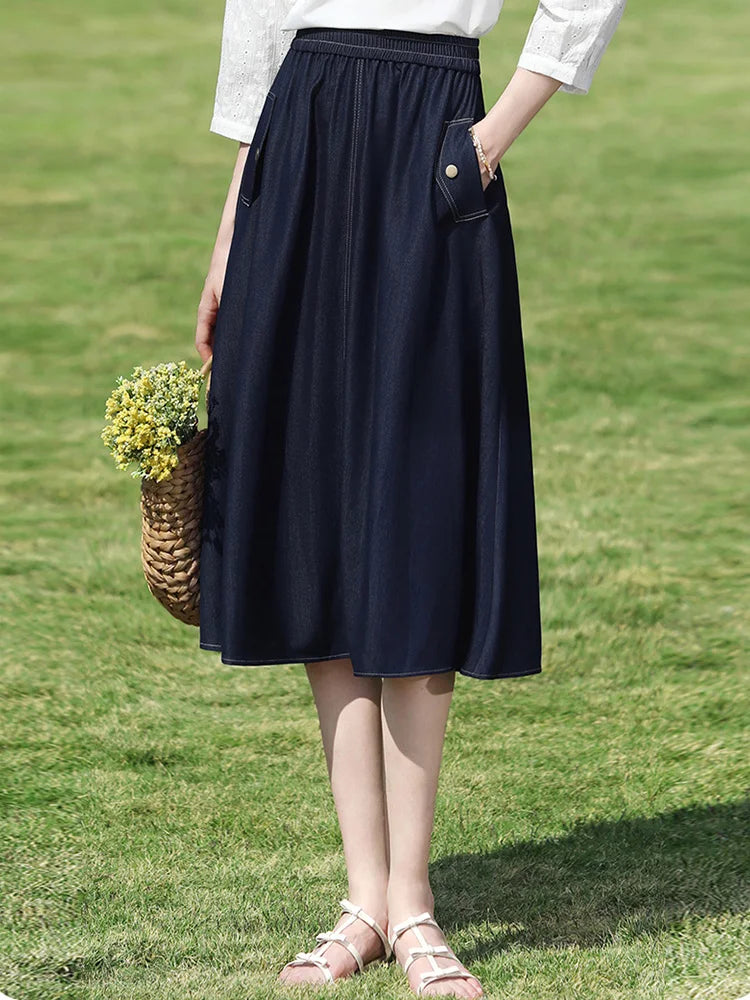 I BELIEVE YOU Dark Blue Denim Midi Skirt for Women 2026 Spring Elastic Waist Skirts Casual A-Line Skirt with Pockets 2261026207