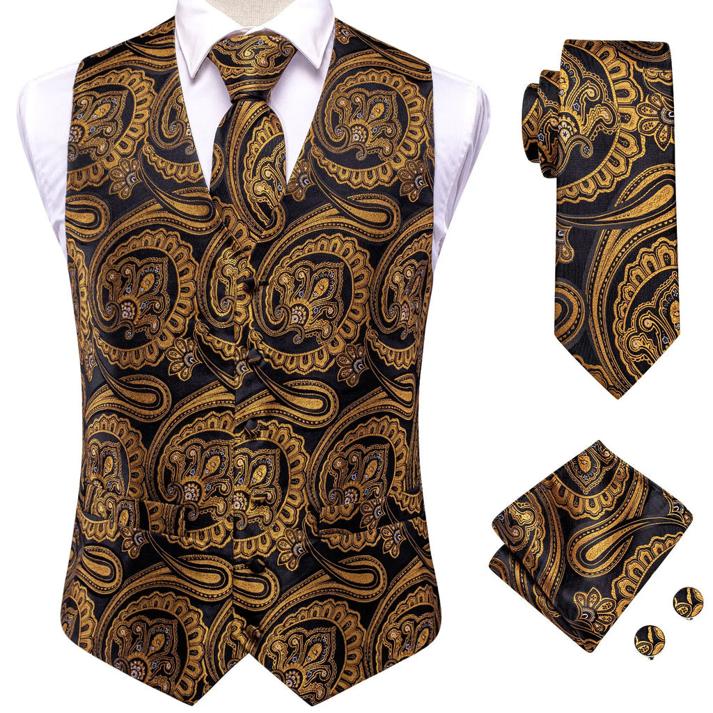 Hi-Tie Silk Mens Waistcoat Tie Set Gold Brown Orange Beige Ivory Khaki Bronze Sleeveless Jacket Suit Vest Necktie Hanky Cufflink