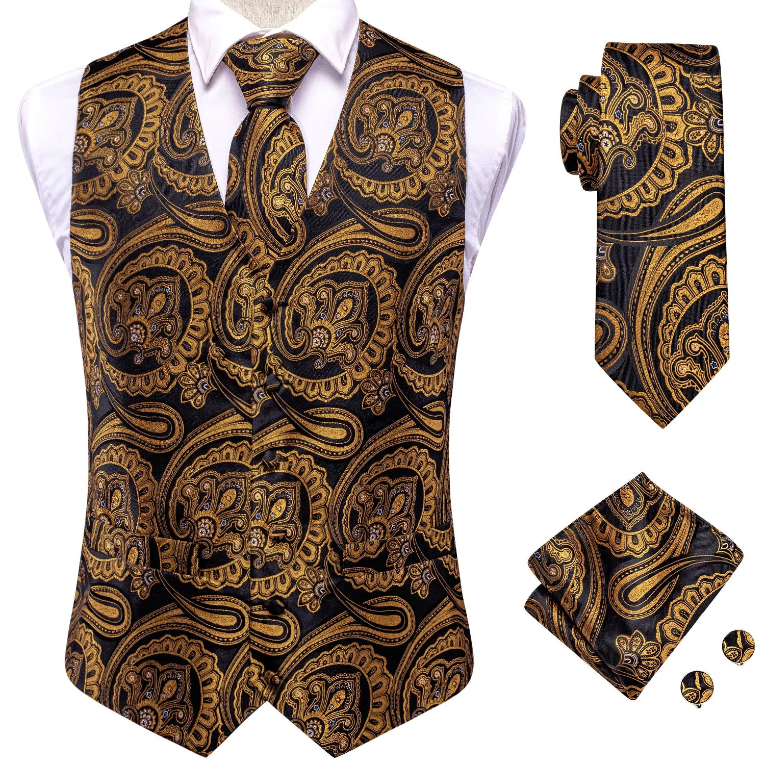 Hi-Tie Silk Mens Waistcoat Tie Set Gold Brown Orange Beige Ivory Khaki Bronze Sleeveless Jacket Suit Vest Necktie Hanky Cufflink
