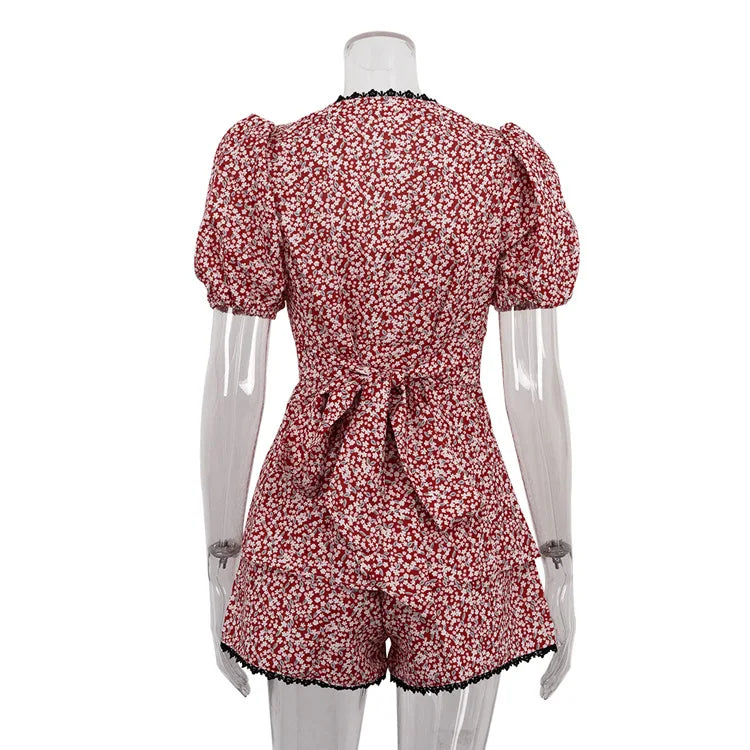 Sexy Slim Print 2 Piece Sets Women Outfit 2026 Summer Short Sleeve Shirt with High Waist Shorts Set Female Streetwear for Female