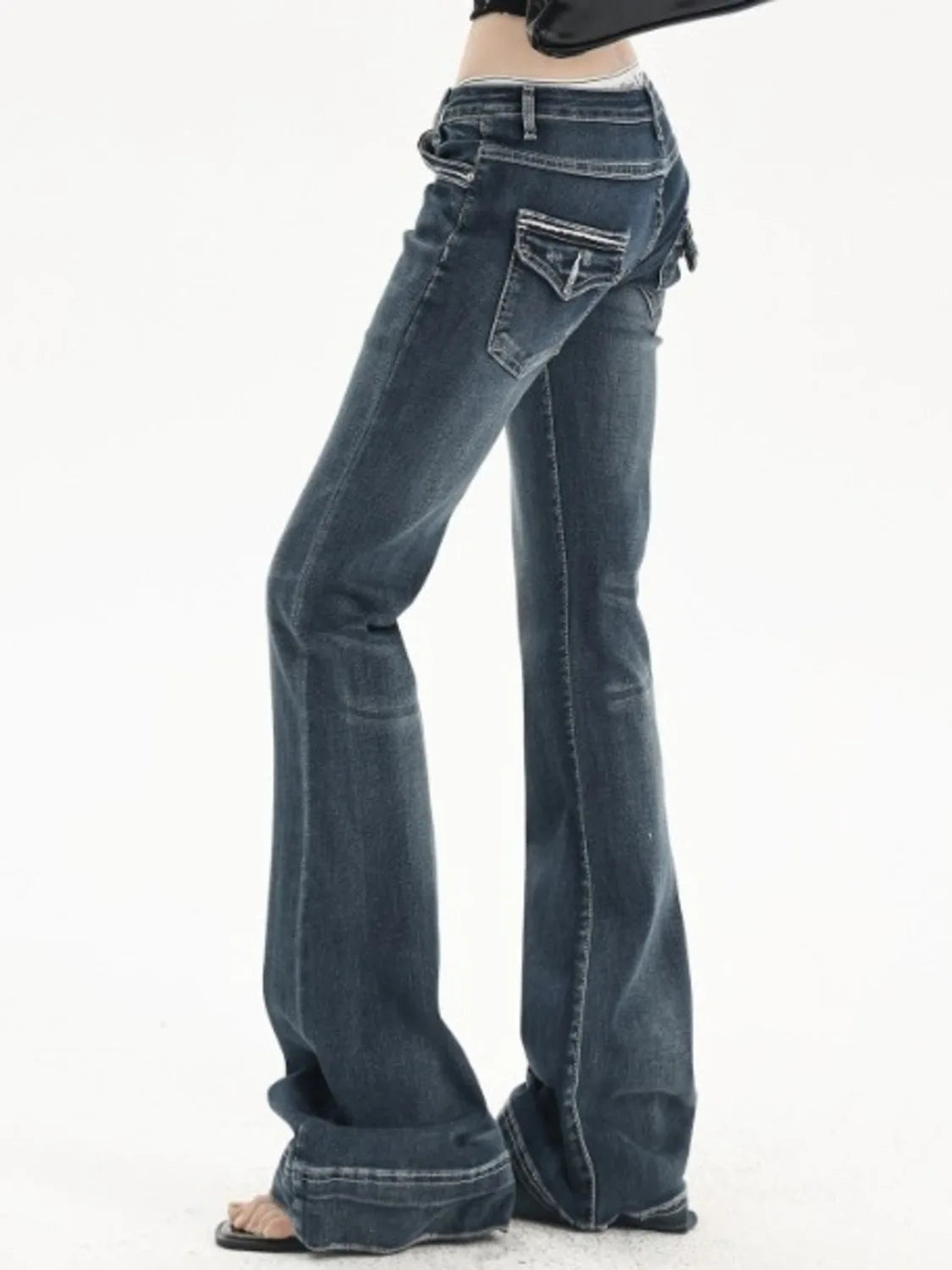 Women's Vintage Washed Low Rise Bootcut Jeans Slight Flare Denim Pants Retro Y2K Style