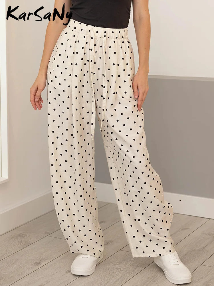 Polka Dot Cotton Linen Pants White Women Wide Leg Summer Spring Baggy Trousers For Woman High  Waist Linen Loose Pants Women