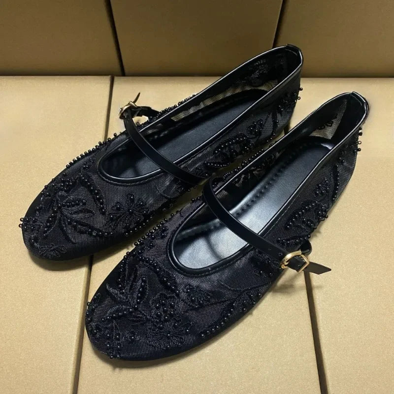 Mesh Embroidery Flower Ballet Flats Women Comfort Round Toe Breathable Mary Jane Shoes Fashion Brand Designer Shoes for Ladies