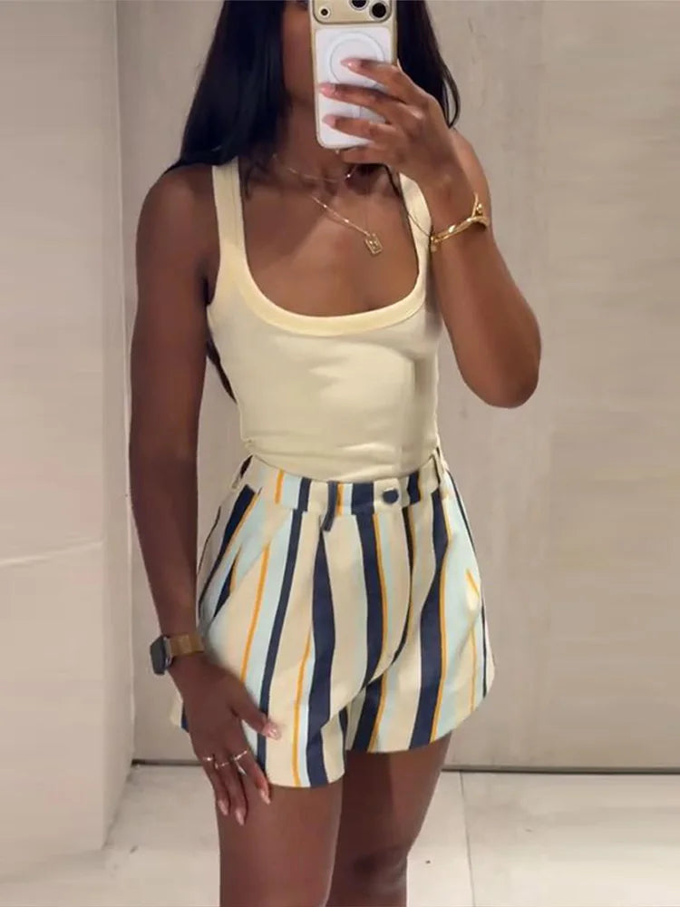 Colorful Striped Wide Leg Trousers Women Bohemian High Waist Multi-color Panelled Slim Straight Pants Fashion Lady Beachwear New