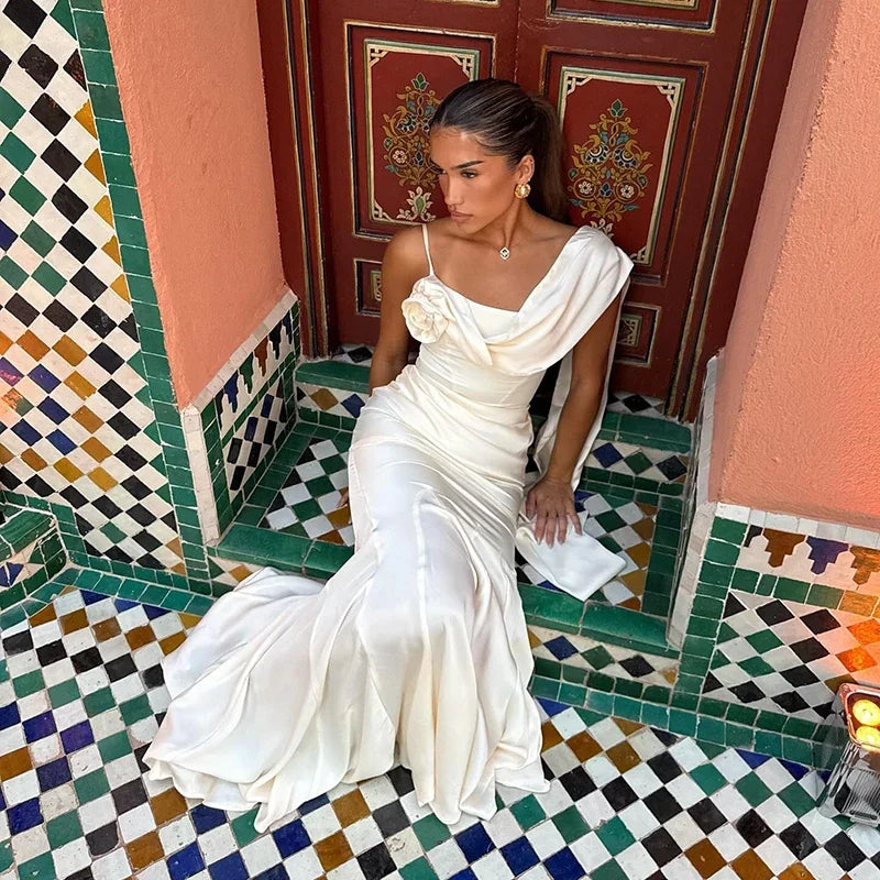 2026 New White One Shoulder Mermaid Evening Dress Asymmetric Neckline Satin Formal Party Gown with Flowing Train