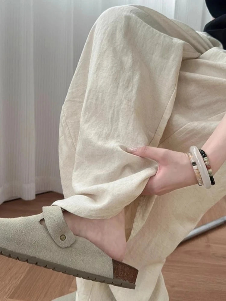 Loose Casual Cotton Linen Trousers Women Full Length Drawstring Women's Wide-leg Pants Summer Thin Linen Navy Blue Baggy Pants