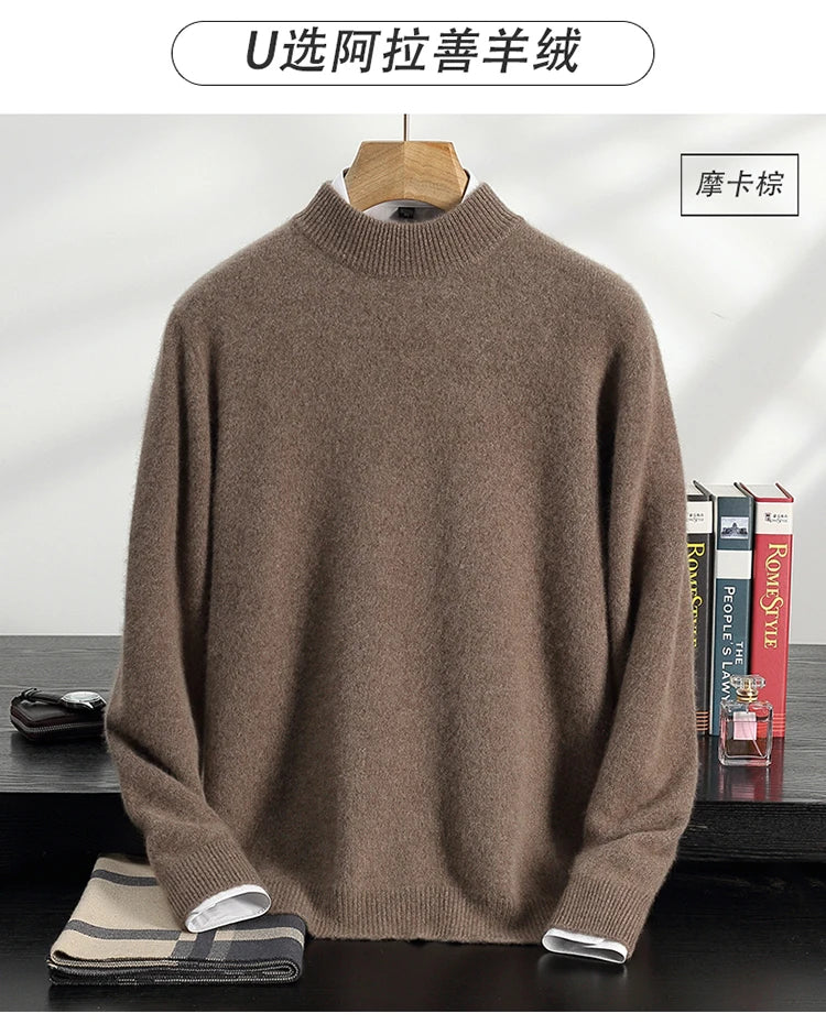 Autumn/Winter Men's 100% Cashmere Pullover Business Casual Solid Knitted Sweater Loose Half High Neck Tops Thick Warm Jumper