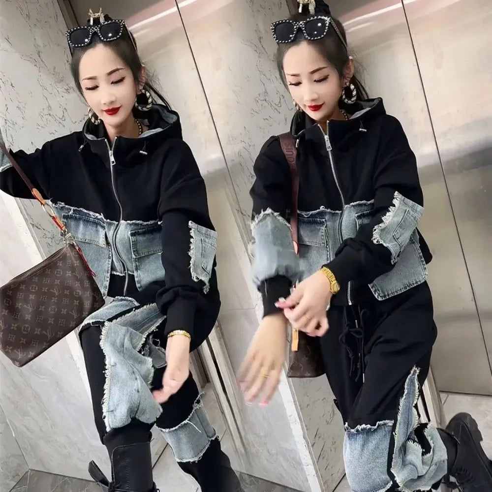 Autumn Denim Women's Pant Set Splice Fashion Loose Oversized Hooded Jacket + Pencil Jeans Two Piece Sets 6XL Trousers Suits 2024