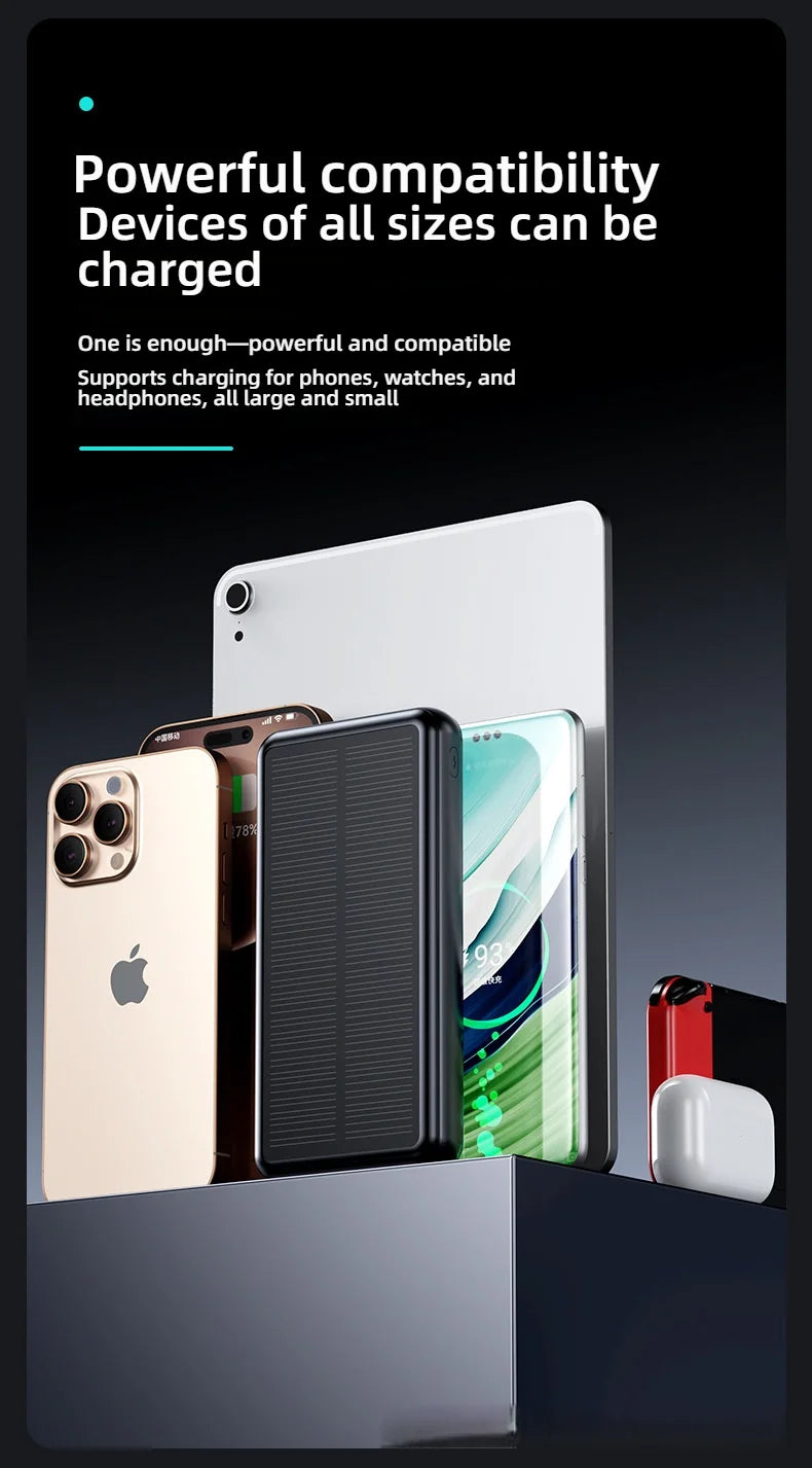 30000mAh Solar Power Bank Super Fast Charging Compact Portable Built-in 4 Cable High Capacity External Battery with Led Light