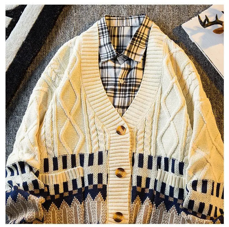 2023 New Autumn and Winter Retro Patchwork Diamond V-neck Color Matching Loose and Handsome Casual Knitted Cardigan for Men