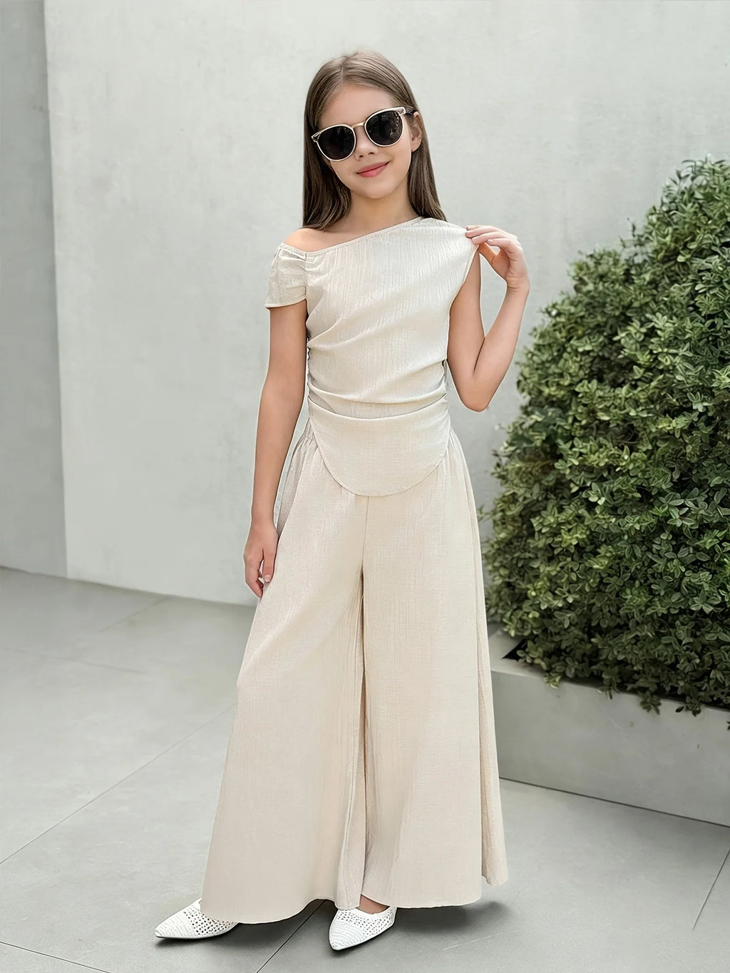 Kids Girls 2-Piece Summer Outfit Set, Beige Textured Fabric Asymmetric Off Shoulder Ruched Crop Top & Elastic High Waist Wide Le