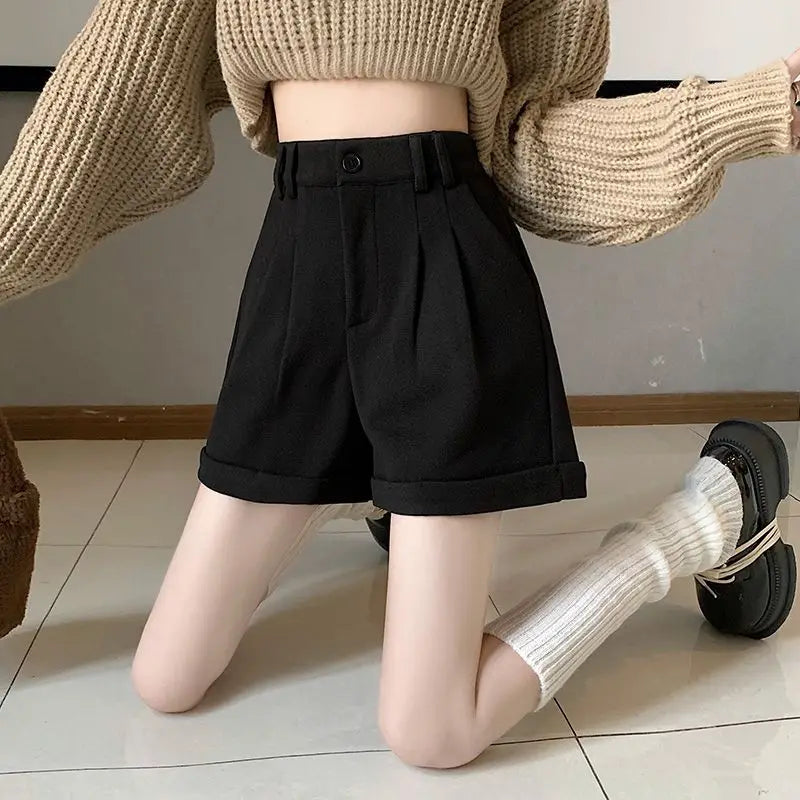 Women Office Lady Summer 2025 Solid Brown Thick High Waist Shorts Korean Style Wide Leg Boot Pants