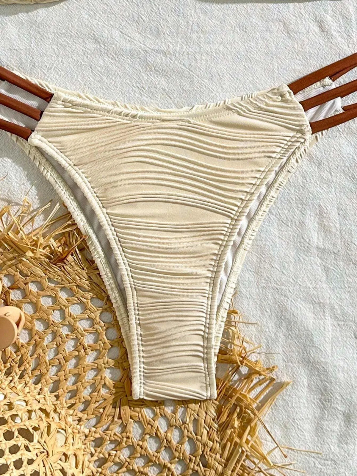 Sexy Women Lingerie Bikini Strapless Top Bikinis Beige Three Strap Bottom Swimsuit High Cut Two Piece Swimsuit