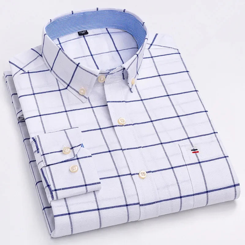 Men's 100% Cotton Smart Casual Shirt Long Sleeve Plaid Oxford Casual Solid Color Print Regular Fit Dress Shirt Oversized  6XL