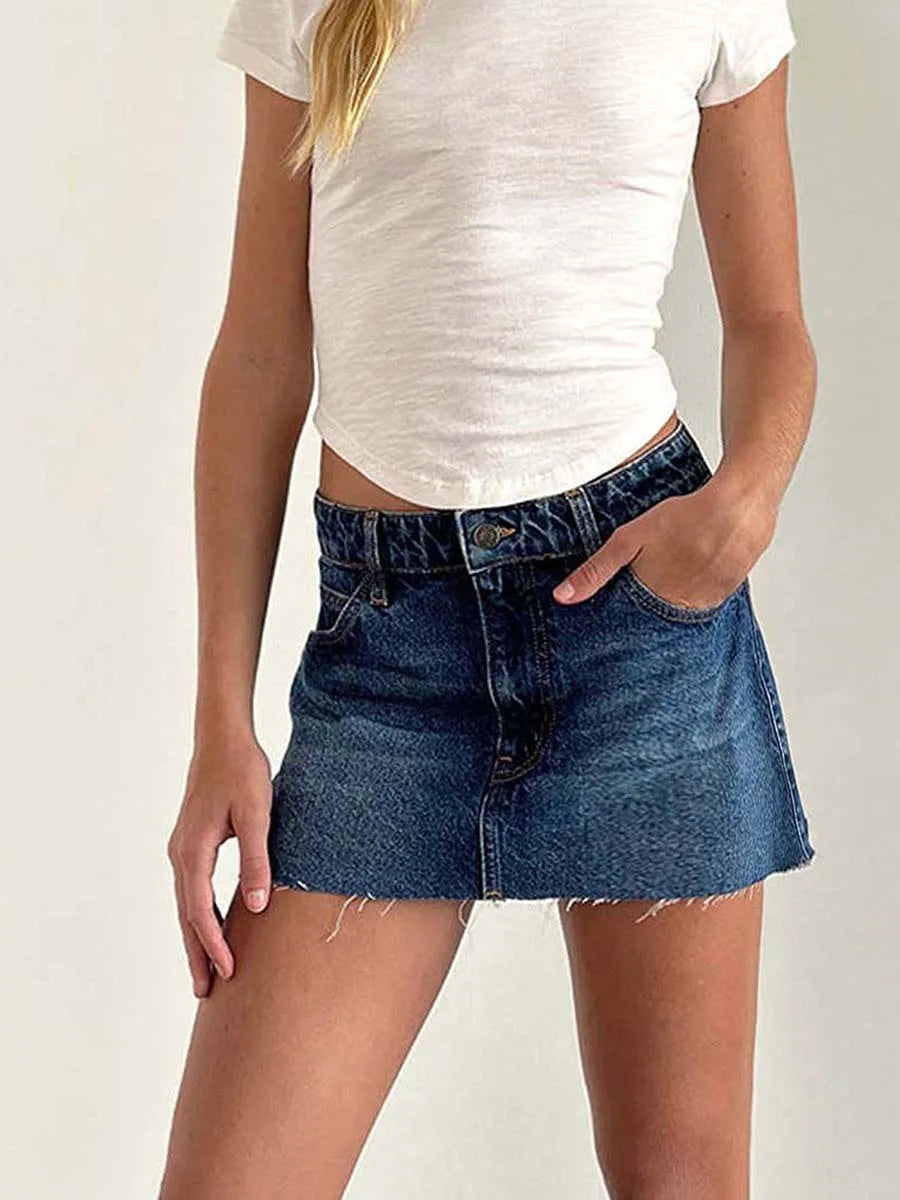 New Womens Denim Mini Skirts Low Waist Raw Hem Casual Fashion Jean Skirts For Summer Club Street Style S-2XL