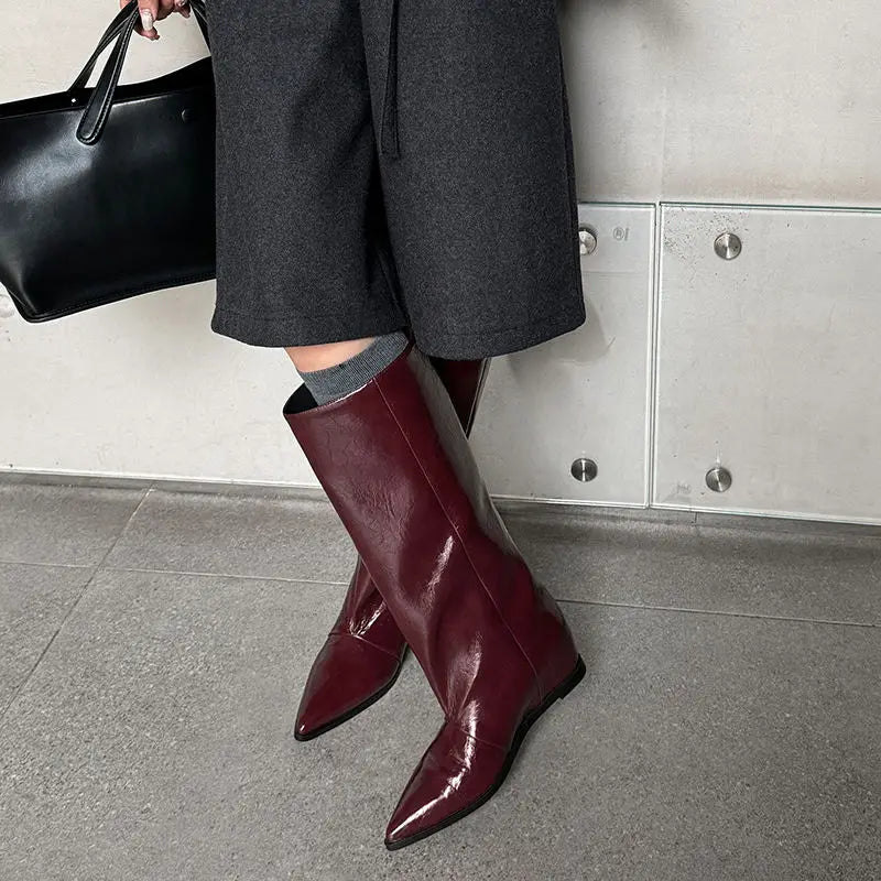 QUTAA 2025 News Women Knee High Boots Leather Wedge Heels Autumn Shoes Pointed Toe Woman Winter Party Lady Long Boots Size 34-40
