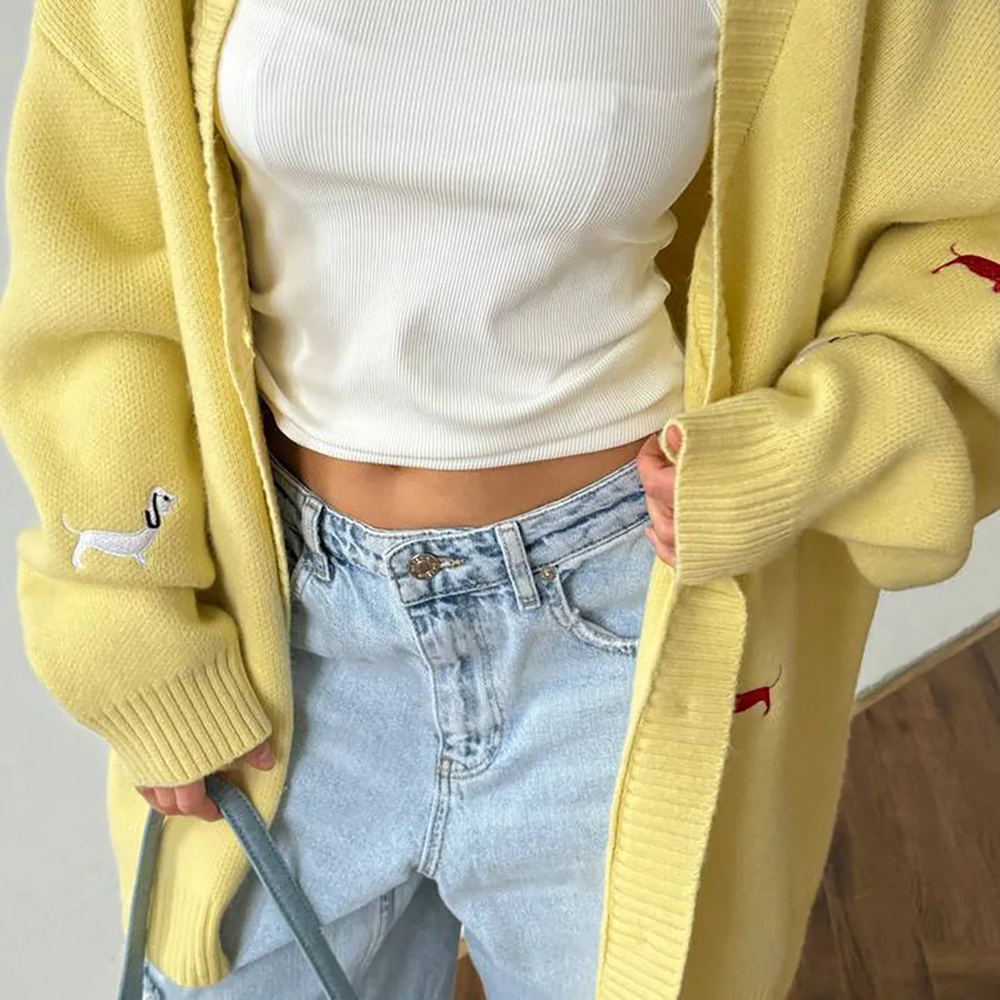 2025 Fall Winter Sweater Women Loose Cardigan Dachshund Embroidery Cute Sausage Long Sleeve Jacket Coat Casual 58917