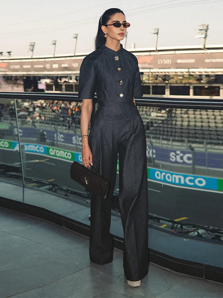 Street Denim Top Pants Women Set Short Sleeve Stand Collar Coats Wide Leg Trousers 2026 Summer Autumn 2 Pieces Set Women New