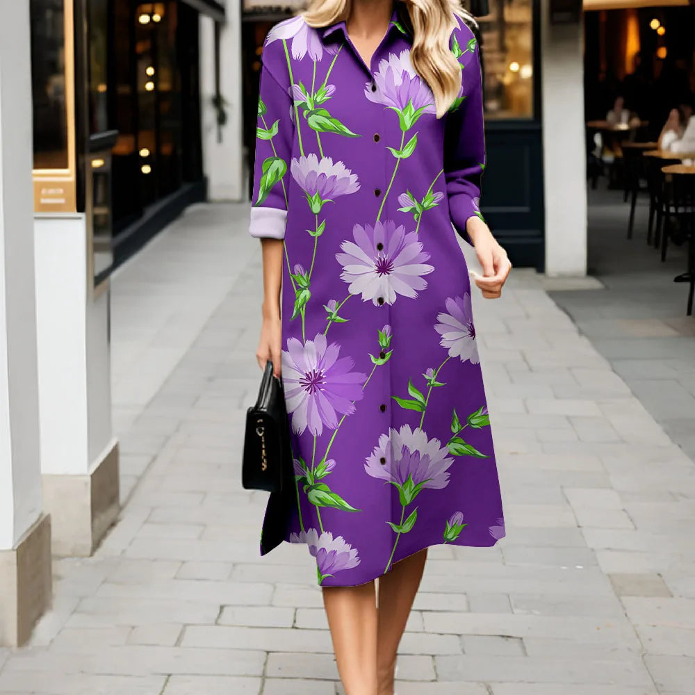 2025 New Women's Shirt Dress Fashion Floral Printing Long Sleeve Lapel Button Dress Casual Loose Streetwear Cardigan Dresses