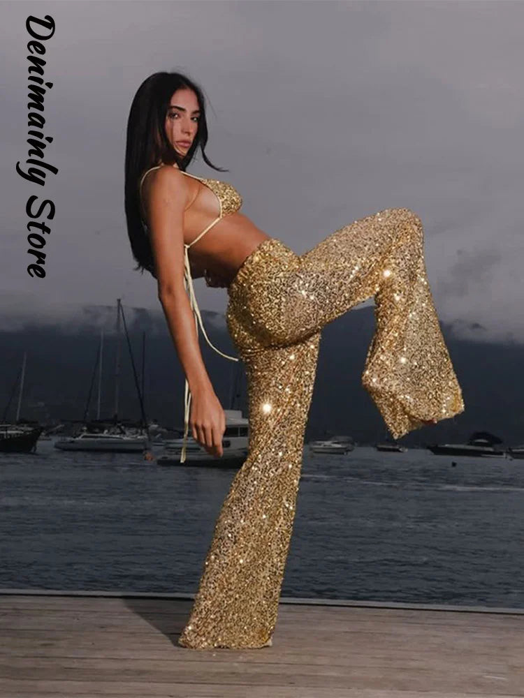 Sexy Sequined Bikini Pants Set Women Sleeveless Backless Halter Cropped Top Wide Leg Pant 2026 Summer Beach Holiday Party Suit