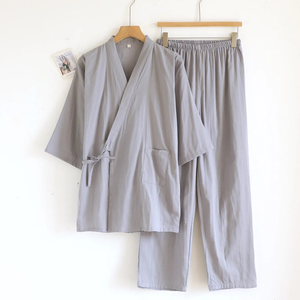 Kimono Robes Pajamas Set for Spring Autumn and Summer Thin Men's Cotton Loose Fit Large Size Half Sleeve Sleepwear Set