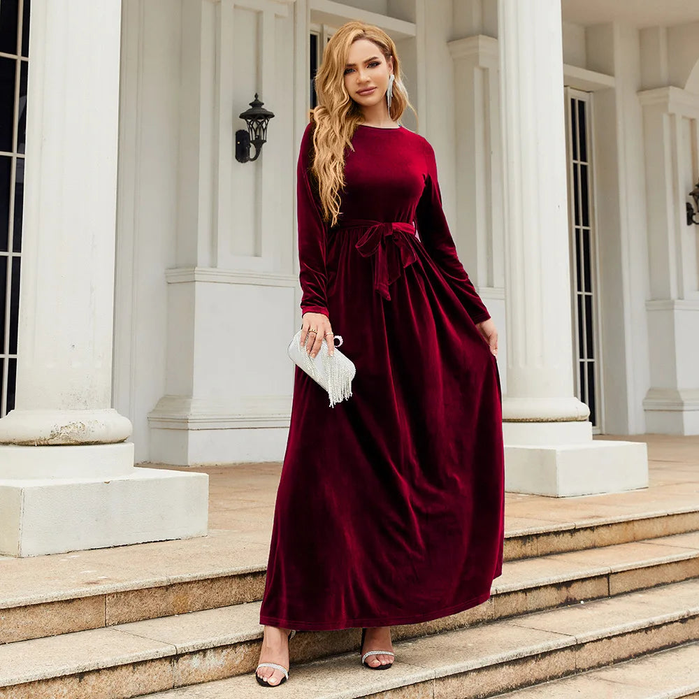 Spring 2025 Elegant Red Long Dress Velvet Solid Color Premium Formal Evening Vestidos Festa Luxo Rojo Maxi Dresses For Women