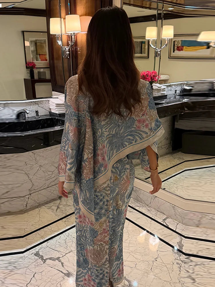 Women Floral Dress With Attached Shawl Cape Overlay Waisted Bodycon Maxi Dresses Fashion Elegant Commute 2026 Summer Autumn Gown