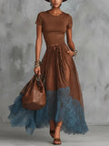 2026 New V Neck Short Sleeve Underwear Top High Waist Lace Spliced Midi Skirt Two Piece Set Women Slim Fit Temperament Outfit