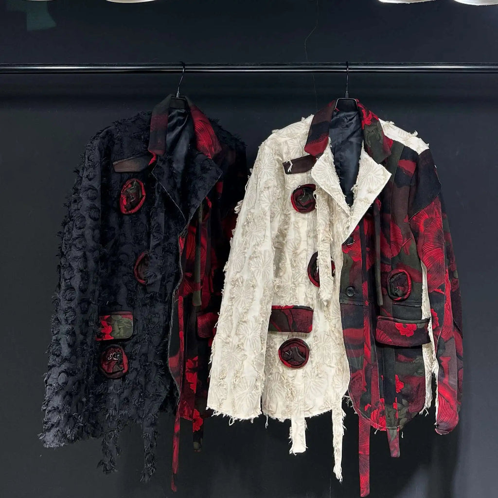 PFHQ Design Silhouette Suit Jacket Autumn 2024 New Loose Slimming Splicin Knitted Red Flowers Contrast Color Male Tops