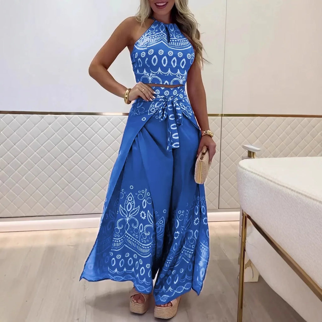 Women's Printed Sleeveless Top And Wide Leg Pants Two Piece Set Slimming Comfort Versatile Vacation Commute Ethnic Style Outfit