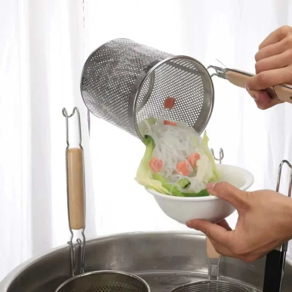 Durable Thickened Stainless Steel Funnel Kitchen Gadgets Wooden Handle Pasta Basket Strainer Multifunctional Noodle Funnel