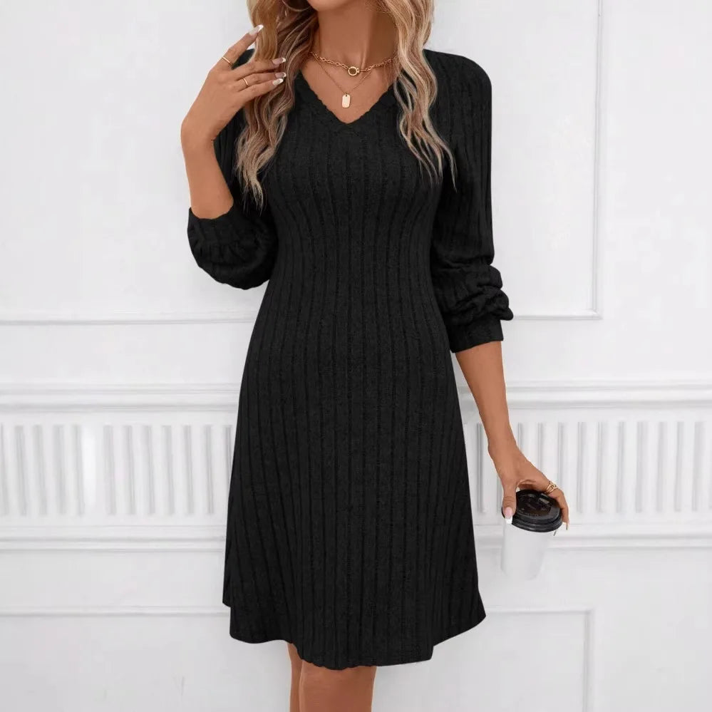 Spring 2026 Commuter Style Fleece Dress High Waist Slim Fit Midi Skirt Women's V-neck Long Sleeve Polyester Knitted Dress