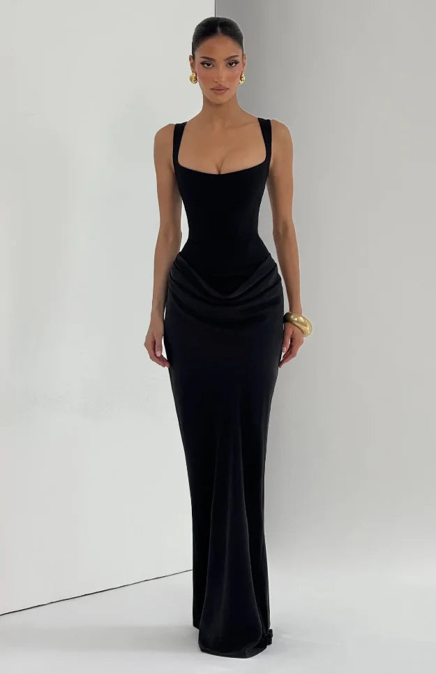Solid Pleated Sling Dress Women Square Neck Sleeveless Off-shoulder Waist Cinching Slim Dresses 2026 Lady Evening Party Gowns
