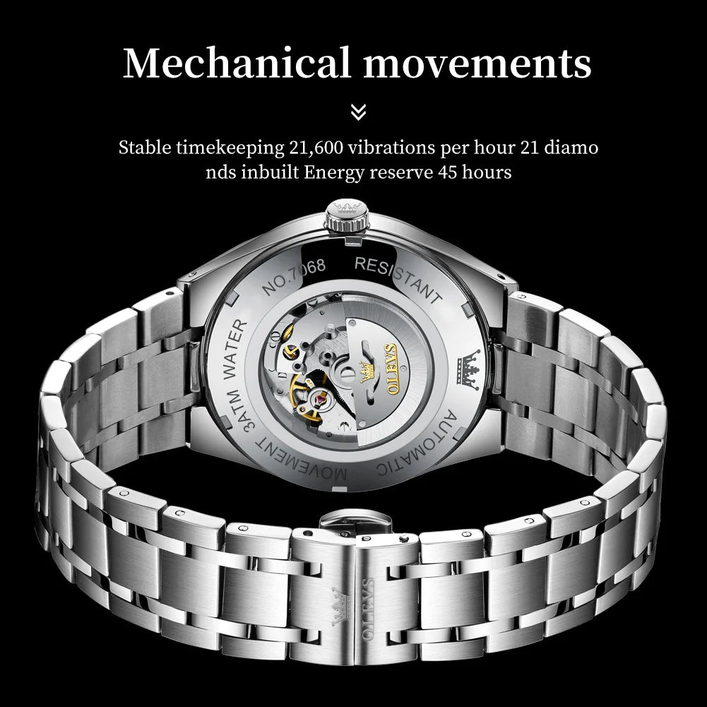 OLEVS 7068 Mens Watch Original Automatic Menchanical Wristwatch Waterproof Luminous For Men Sport Date Dual Calendar Design