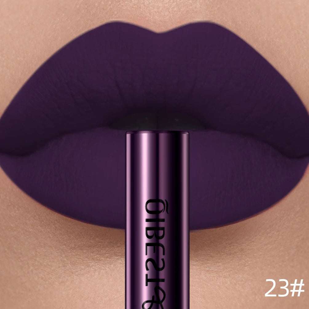 QIBEST Sexy Red Lip Gloss Long Lasting Velvet Matte Liquid Lipstick Waterproof Lip Makeup Nonstick Cup Purple Lip Tint Black