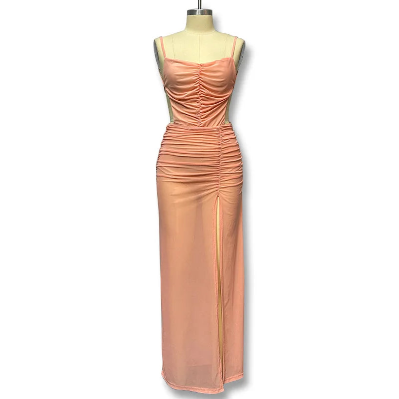 Sexy See-through Mesh Long Dress High Split Halter Pleated Maxi Dresses Prom Party Vestidos Women Backless Outfit Beach Sundress