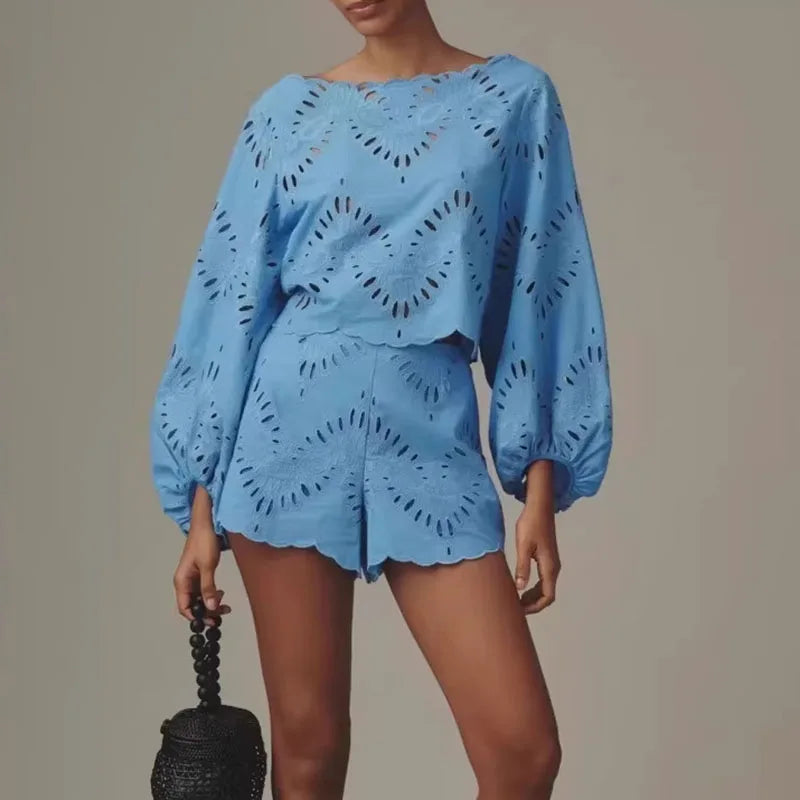 Women Solid Cropped Top 2 Piece Matching Set Round Neck Puff Sleeve Eyelet Hollow Hem Shorts Outfits Casual Summer Resort Outfit