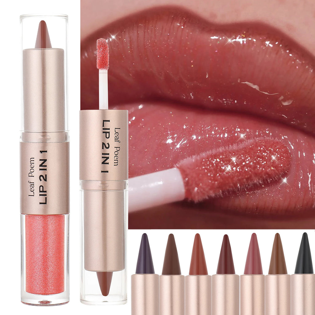 2 IN 1 Nude Brown Pink Mirror Lip Gloss Tapered Gradient Lipliner Contour Pencil Matte Lip Liner Waterproof Sexy Lipstick Makeup