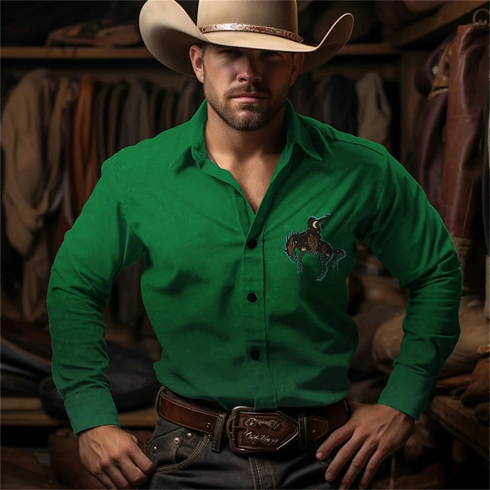 2024 Retro Fashion Simple Long Sleeve Western Denim Men's Social Shirt Top Rock Men's Street Retro Fashion Casual Clothing