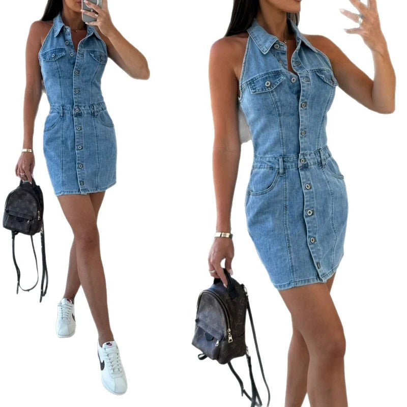 Short Dress Women Denim Dresses Vestidos Y2k Streetwear Turn Down Collar Sleeveless Hip Wrap Elegant Sexy Party Night Work 2026