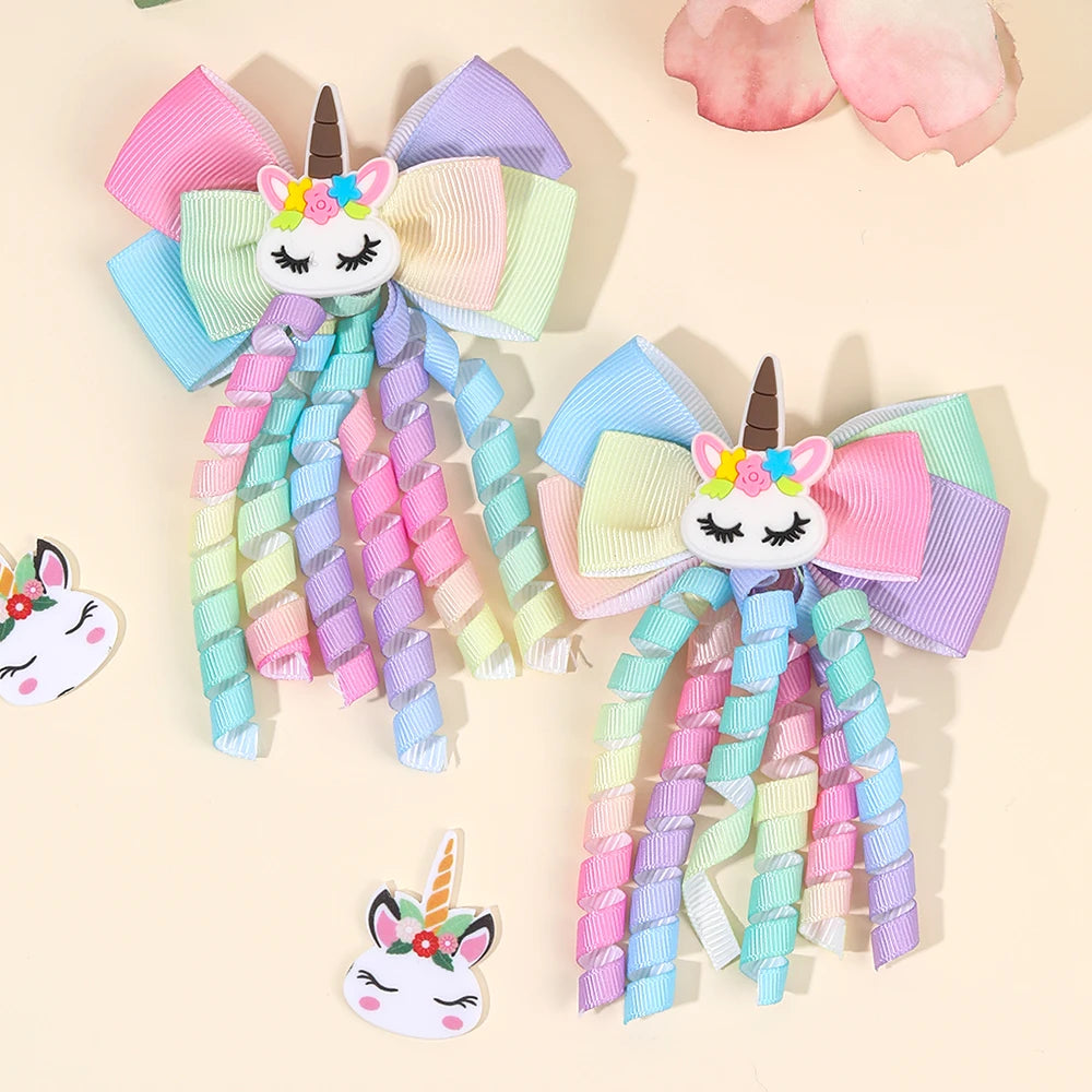 2Pcs Rainbow Unicorn Hair Clip Cute Curly Ribbon Tassel Magical Bow Hairpin For Kids Girls Party Daily Use Headwear Accessories