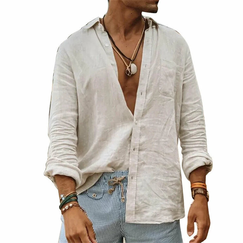2026 Men Casual Cotton Linen ShirtsStanding Collar Male Solid Color Long Sleeves Loose Tops Spring Autumn Handsome Men's Shirts