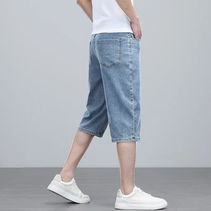 Summer men's six inch shorts over the knee thin straight tube minimalist elastic denim shorts Baggy Jeans Shorts for Men  3/4