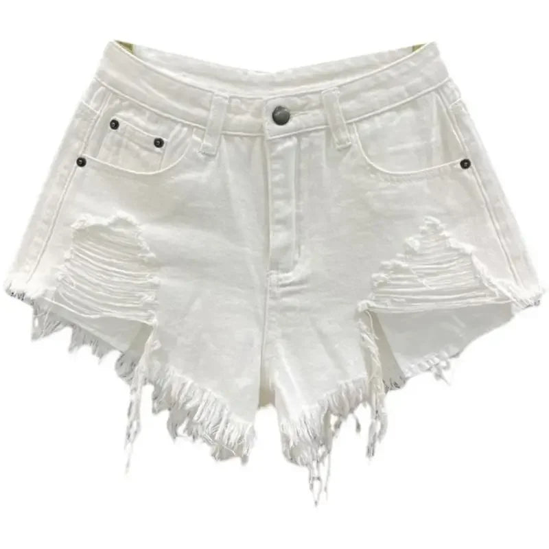 Women's Slim and Low Waist A-line Hairy Wide-leg Hot Girl Ripped Denim Shorts